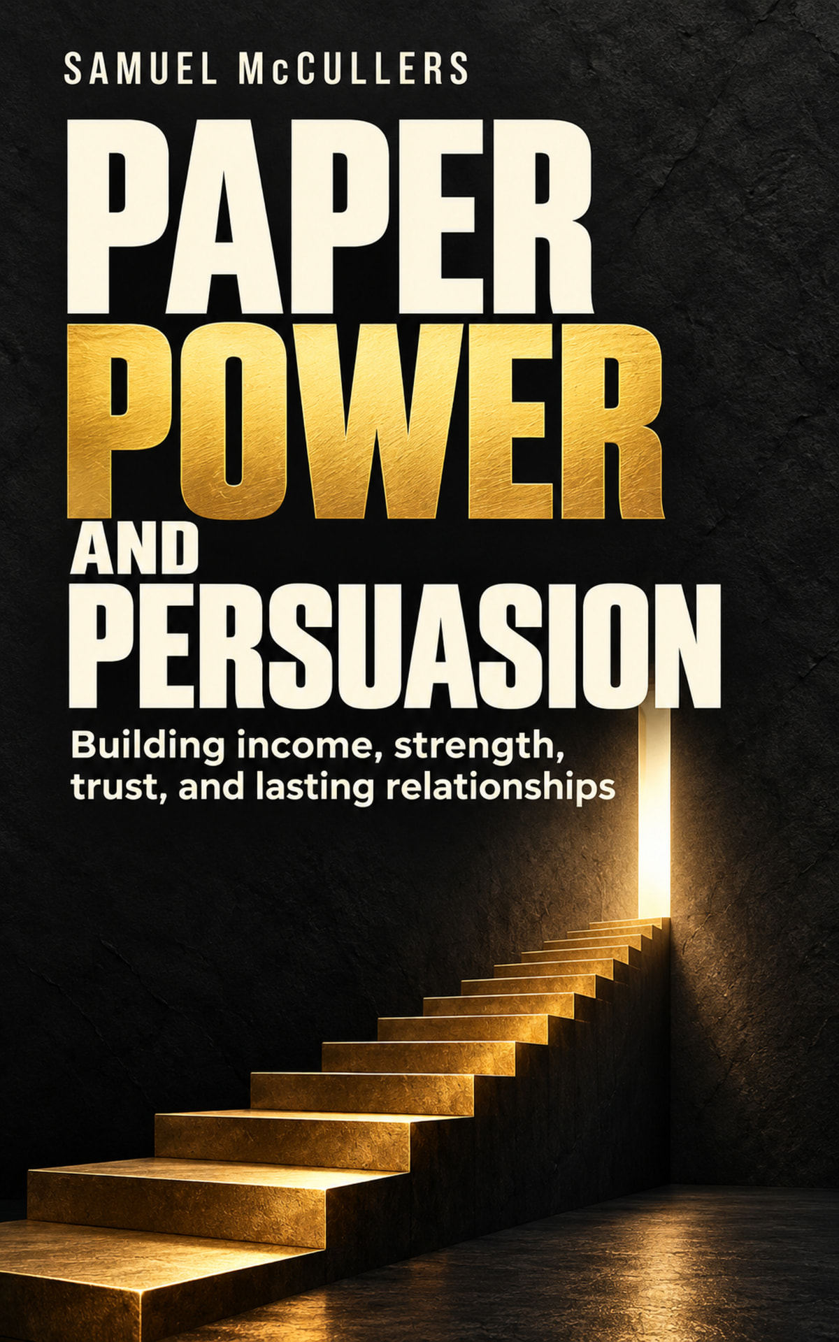 Cover of Paper Power and Persuasion by Samuel McCullers: ivory and gold title lettering above a golden staircase rising toward a lit doorway on a black wall.